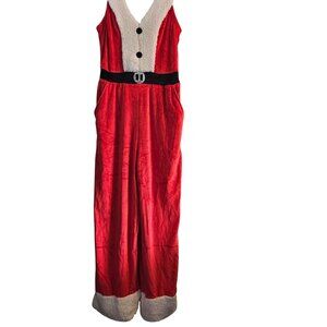 Womens Santa Claus Costume Jumpsuit With Faux Fur Trim & Belted Waist